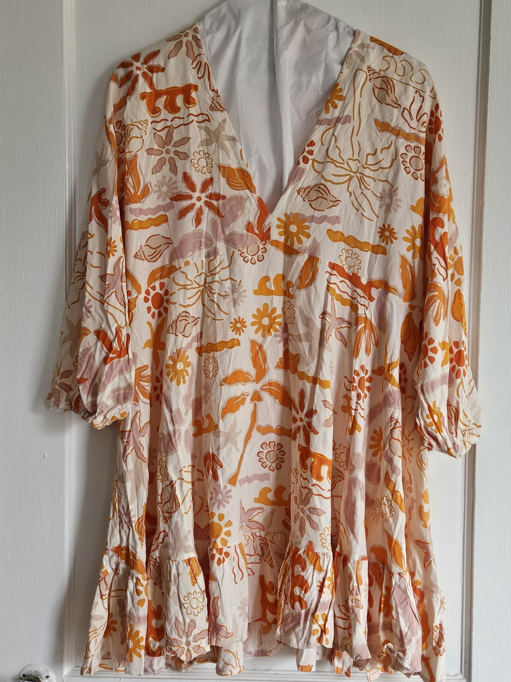 Label Of Love V-Neck Ruffle Hem Mini Dress in Orange, Pink, White XL - Picture 15 of 16